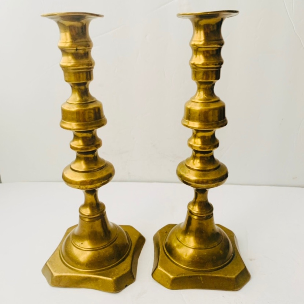 Vintage Brass Candlestick Pair - Gold Taper Candle Holders 10”